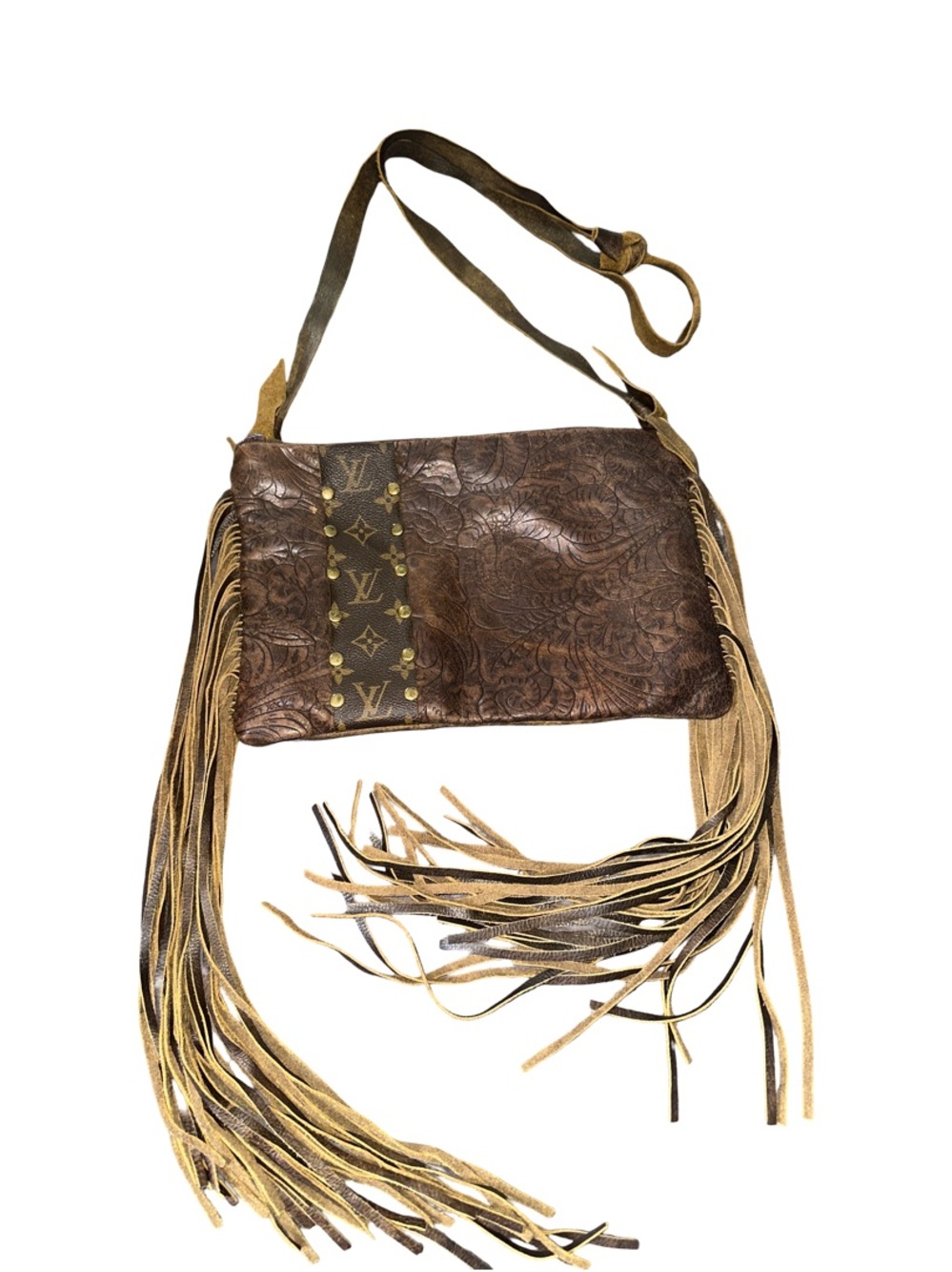 Italian Embossed Brown Leather Fringe Shoulder Bag